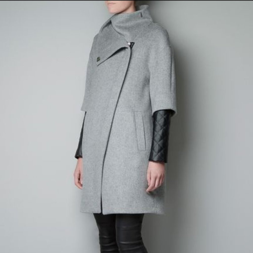 Grey Zara Coat with Quilted Faux Leather Sleeves